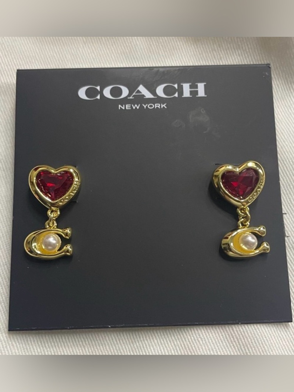 Coach Gold and Red Heart Earrings with Logo